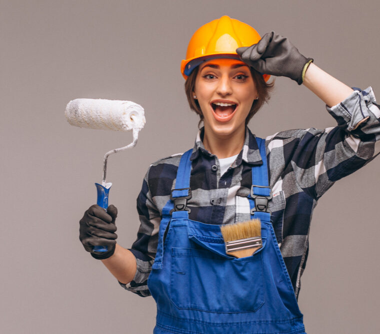 portrait repairer woman with painting roller isolated